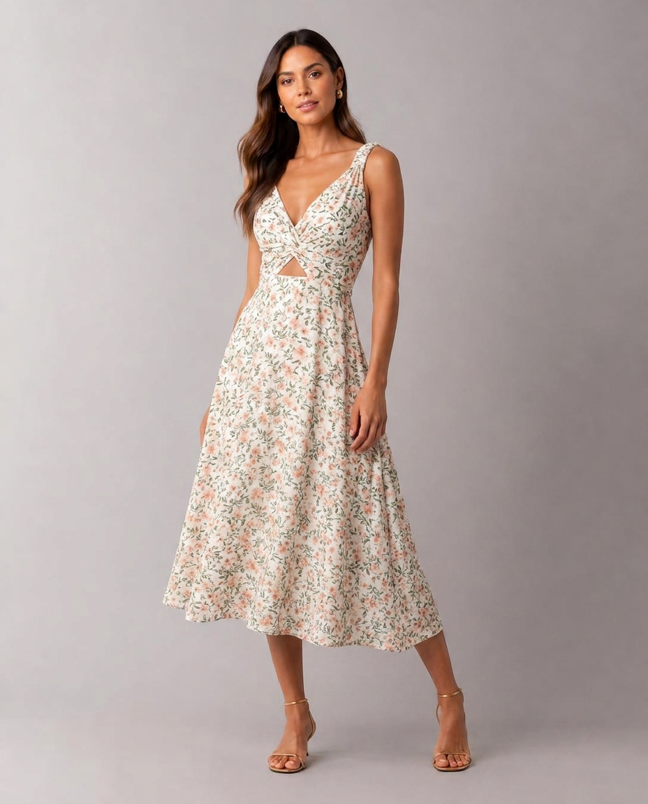 A mesma modelo, mesma pose e mesmo cenário, com o vestido em estampa floral rosa gerada pela IA